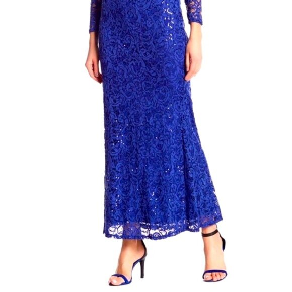MARINA cobalt blue sequin floor-length lace gown - Picture 3 of 7